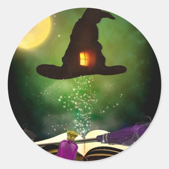 Adesivo Redondo Magic Hat & Magical Spell Book Whimsical Fund Part (Frente)