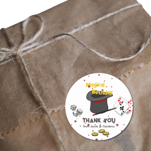 Adesivo Redondo Mágica Apresentação Paritária Aniversário Obrigado (Magic Show Joint Birthday Thank You From Names Classic Round Sticker)