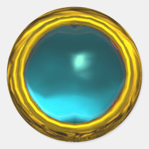 ADESIVO REDONDO MÁGICA AQUA BLUE AQUAMARINE GEM STONE DOURADO AMA