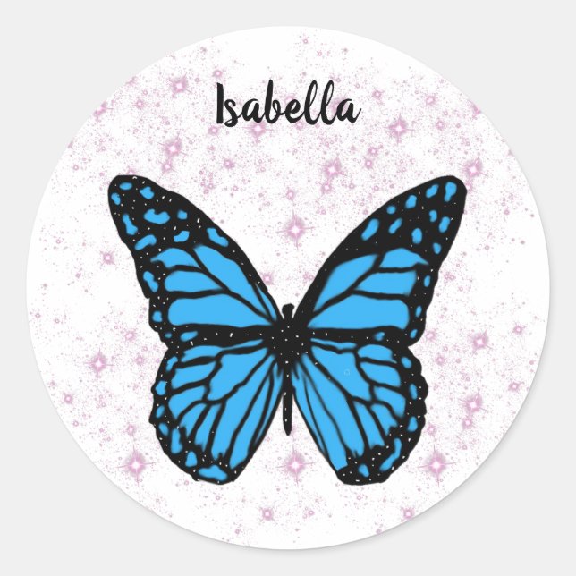 Adesivo Redondo Magical blue butterfly pink glitter art (Frente)