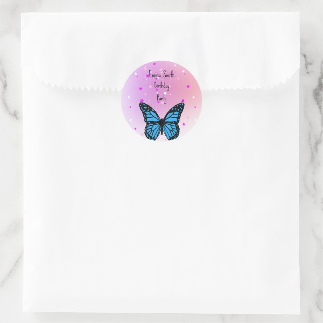Adesivo Redondo Magical blue butterfly pink glitter art (Bolsa)