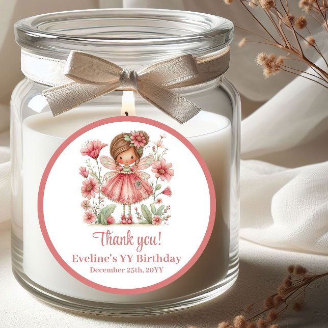 Adesivo Redondo Magical Blush Pink Fairy Flowers Girl Birthday   (Magical Blush Pink Fairy Flowers Girl Birthday Stickers)