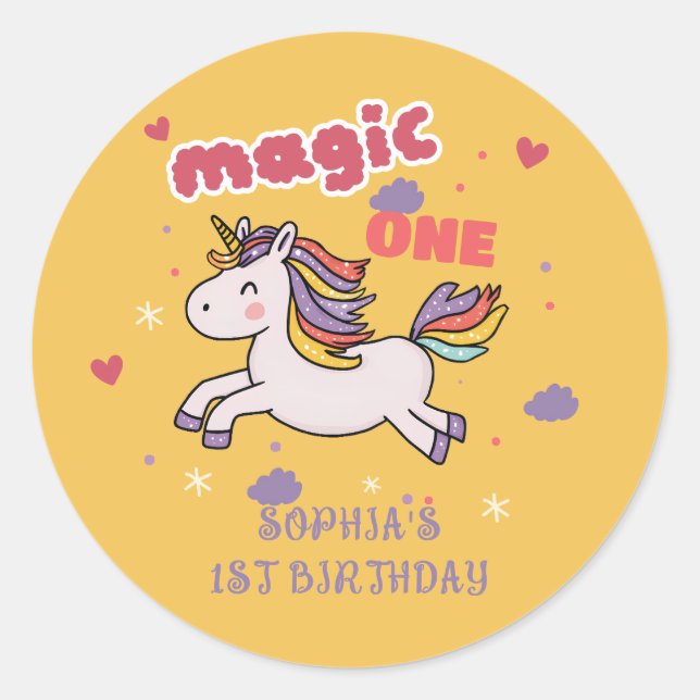Adesivo Redondo Magical Unicorn 1st Birthday Invitation (Frente)