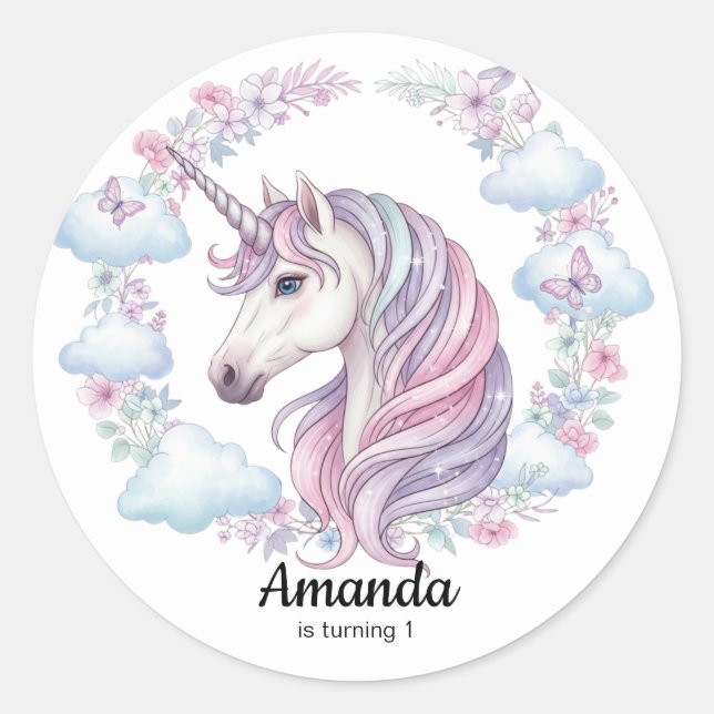Adesivo Redondo Magical Unicorn Birthday Party Favor Sticker (Frente)