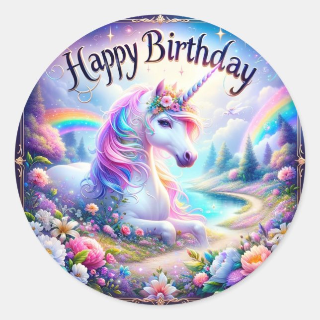 Adesivo Redondo Magical Unicorn Birthday Stickers" (Frente)