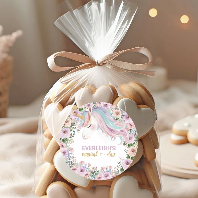 Adesivo Redondo Magical Unicorn Purple Flower 1st birthday (Criador carregado)