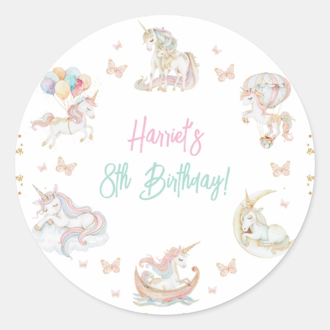 Adesivo Redondo Magical Watercolor Unicorna Qualquer Idade Anivers (Frente)