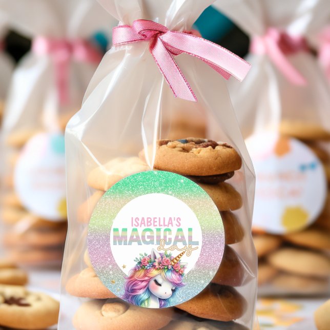 Adesivo Redondo Mágico de unicórnio arco-íris brilhante (Criador carregado)