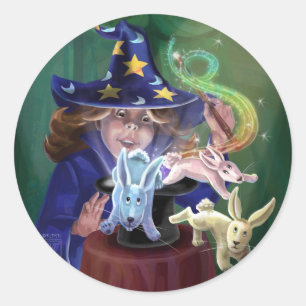 Adesivo Redondo Mágico puxando coelhos de um chapéu