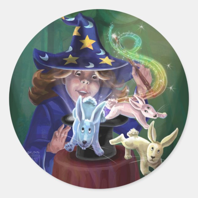 Adesivo Redondo Mágico puxando coelhos de um chapéu (Frente)