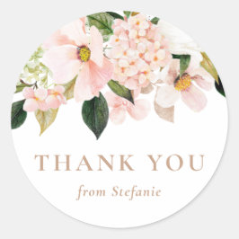 Adesivo Redondo Magnésia Rosa Esbranquiçada e Hidrégia Obrigado