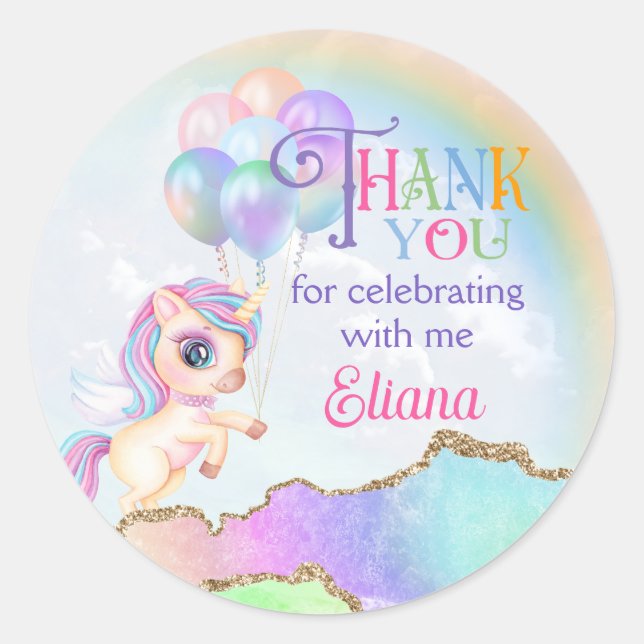 Adesivo Redondo Magnético Rainbow Unicorn Obrigado (Frente)