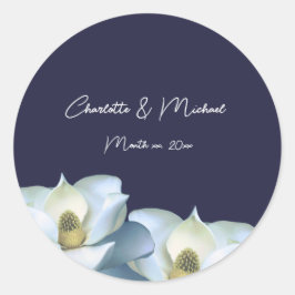 Adesivo Redondo Magnolia Branca no Casamento Elegante Marinho
