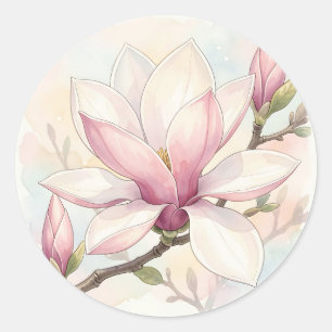 Adesivo Redondo Magnólia Rosa Delicada em Aquarela em Flor