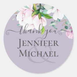 Adesivo Redondo Magnolias Rosa-Lavanda Dusty Eucalyptus Obrigado