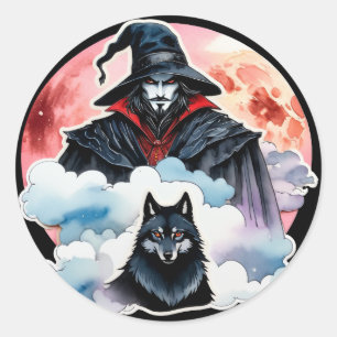 Adesivo Redondo Mago com um Lobo - Diversão de Fã de Halloween 1