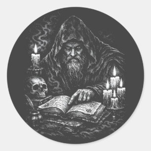 Adesivo Redondo Mago Estudando o Grimório — por BurnsInHell