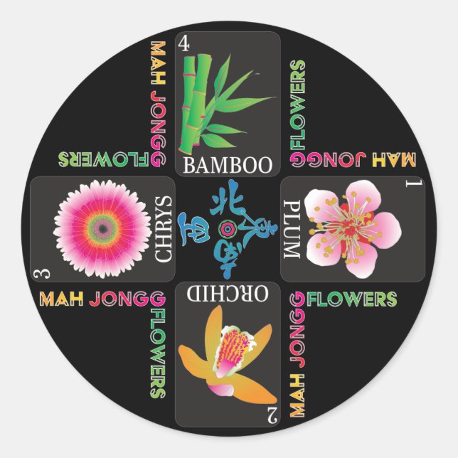 Adesivo Redondo Mah Jongg 4 Flores Stickers (Frente)