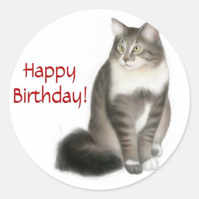 Adesivo Redondo Maine Coon Cat Happy Birthday (Frente)