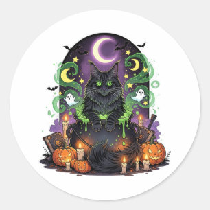 Adesivo Redondo Maine Coon Cauldron - Gato de Halloween assustador