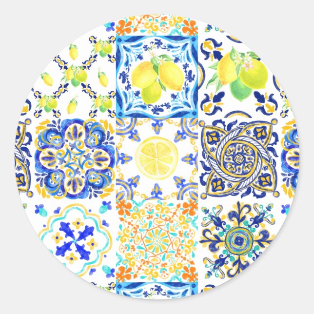 Adesivo Redondo Maiolica Portuguesa Azulejo Mediterrâneo Limão (Frente)