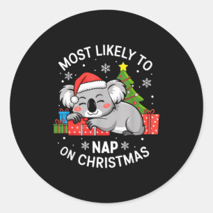 Adesivo Redondo Mais Propenso a Dormir no Natal Koala Engraçado Na