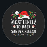 Adesivo Redondo Mais Provável Para Correr Papais noeis Que Saltam<br><div class="desc">Mais Provável Para Correr Papais noeis Que Saltam A Família Do Natal</div>