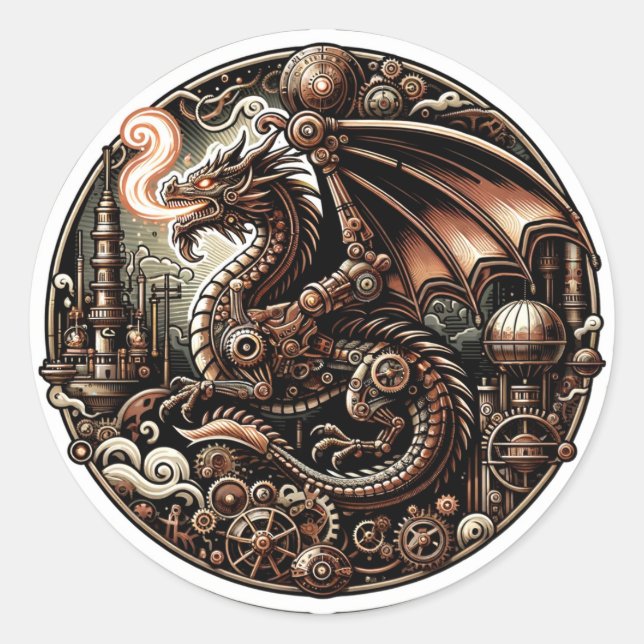 Adesivo Redondo Majestade Mecânica: O Dragão Steampunk da Co (Frente)