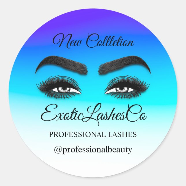 Adesivo Redondo Makeup Artist Eyelash Logo Ombre Blue White (Frente)