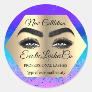 Adesivo Redondo Makeup Artist Eyelash Logotipo Glitter Blue Aqua
