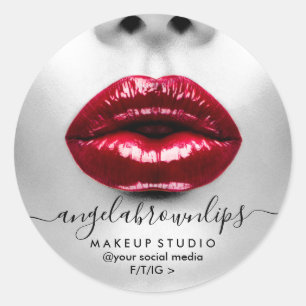 Adesivo Redondo Makeup Artist Foto batom brilhante lábios vermelh