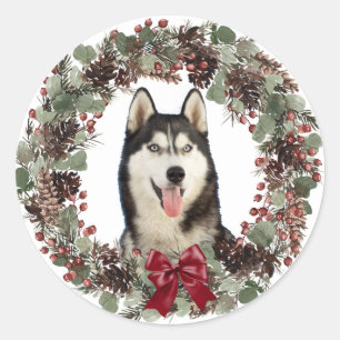Adesivo Redondo Malamute Cão Vermelho Arco Pinecone Muro de Natal