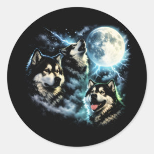 Adesivo Redondo Malamute do Alasca Uivando para a Lua Cachorro Árt