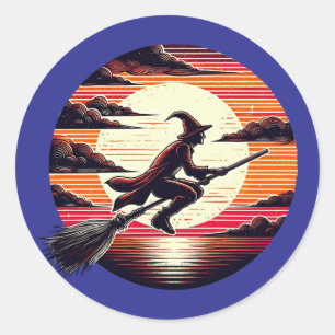 Adesivo Redondo Male Witch cavalgando Broom na ilustração da arte 