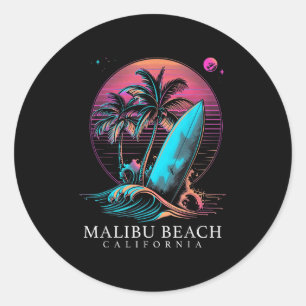 Adesivo Redondo Malibu Beach, Surf da Califórnia, Conselho Vintage