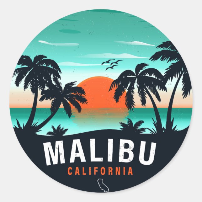 Adesivo Redondo Malibu California Retro Sunset Souvenirs (Frente)