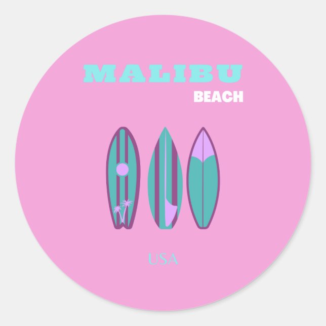 Adesivo Redondo Malibu, Malibu Beach, California, Preppy, Pink (Frente)