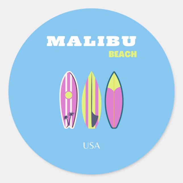 Adesivo Redondo Malibu, praia Malibu, Tropical, Preppy, Blue (Frente)