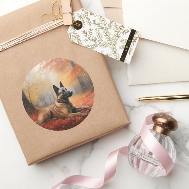 Adesivo Redondo Malinoi belga no outono deixa cair inspiração (Presentear)