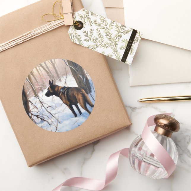 Adesivo Redondo Malinois Belga Deixar Neve Natal (Presentear)