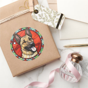 Adesivo Redondo Malinois Belga Vidro de Catedral Natal