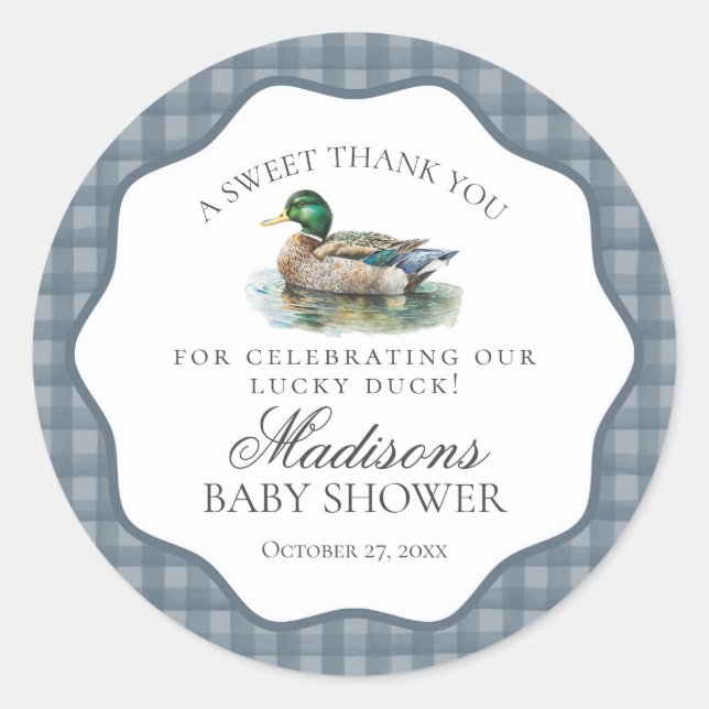 Adesivo Redondo Mallard Duck Hunting Gingham Baby Shower Circle (Frente)