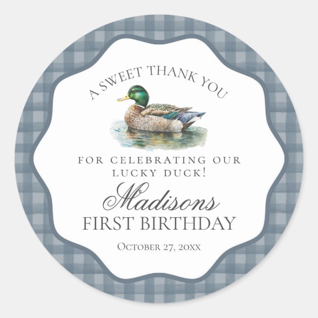 Adesivo Redondo Mallard Duck Hunting Gingham Boy Birthday Circle (Frente)
