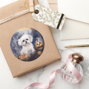 Adesivo Redondo Maltês do Dia das Bruxas com Pumpkins assustado