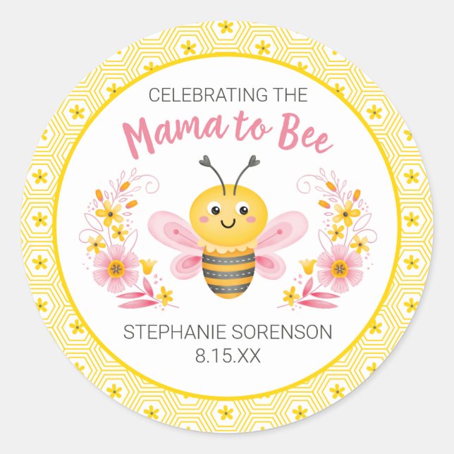 Adesivo Redondo Mama Amarela Fofa para Chá de fraldas de Abelha, r (Frente)