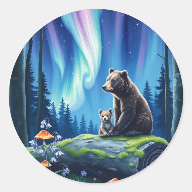 Adesivo Redondo Mama and Baby Bear and the Northern Lights (Frente)