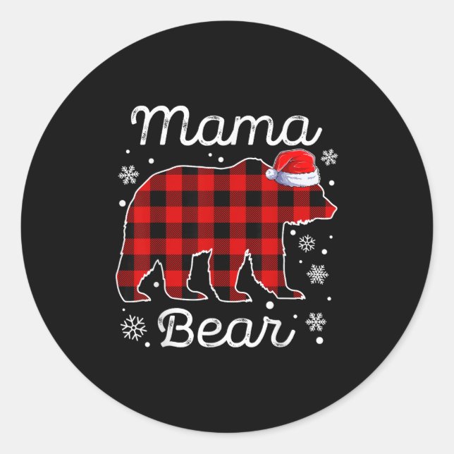 Adesivo Redondo Mama Bear Christmas Pajamas Red Plaid Buffalo Fami (Frente)