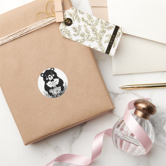 Adesivo Redondo Mama Bear with Two Cubs Heart Line Art Design (Presentear)