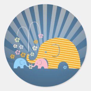 Adesivo Redondo Mama e bebê animais do elefante com flor
