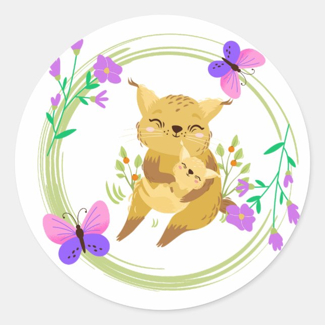 Adesivo Redondo Mama e bébé lince/adesivo wildcat (Frente)